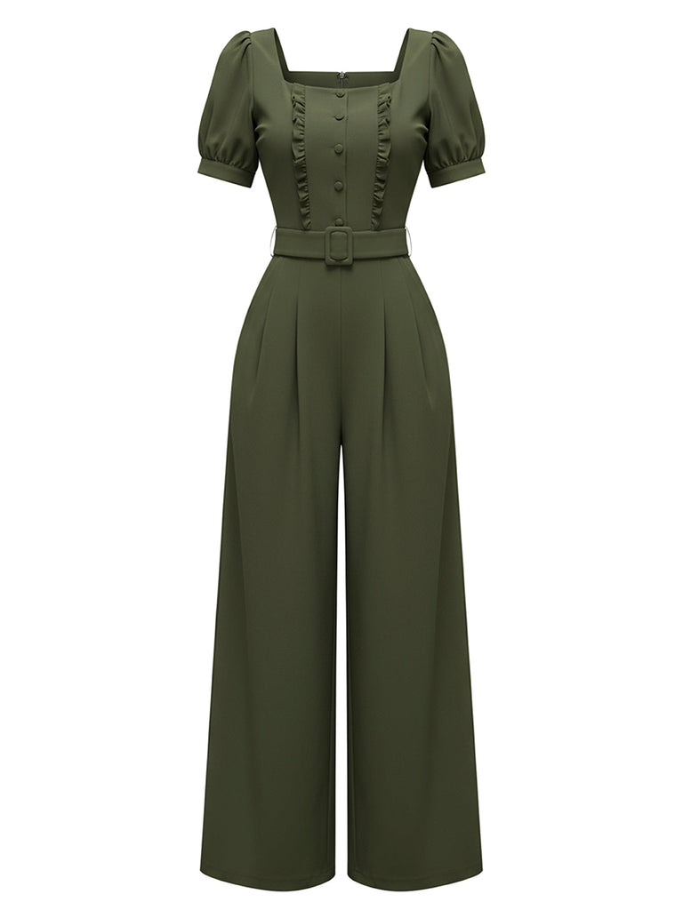 [Vorverkauf] Grün 1960er Solide Rüschen Puffärmel Jumpsuit
