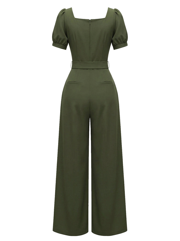 [Vorverkauf] Grün 1960er Solide Rüschen Puffärmel Jumpsuit