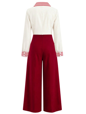 [Vorverkauf] 2PCS Rot & Weiß Streifen Bluse & Rose Taste Hose