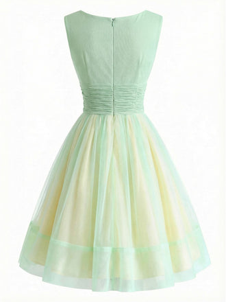 [Vorverkauf] Gelb Grün 1950er Bootskragen Netz Kleid