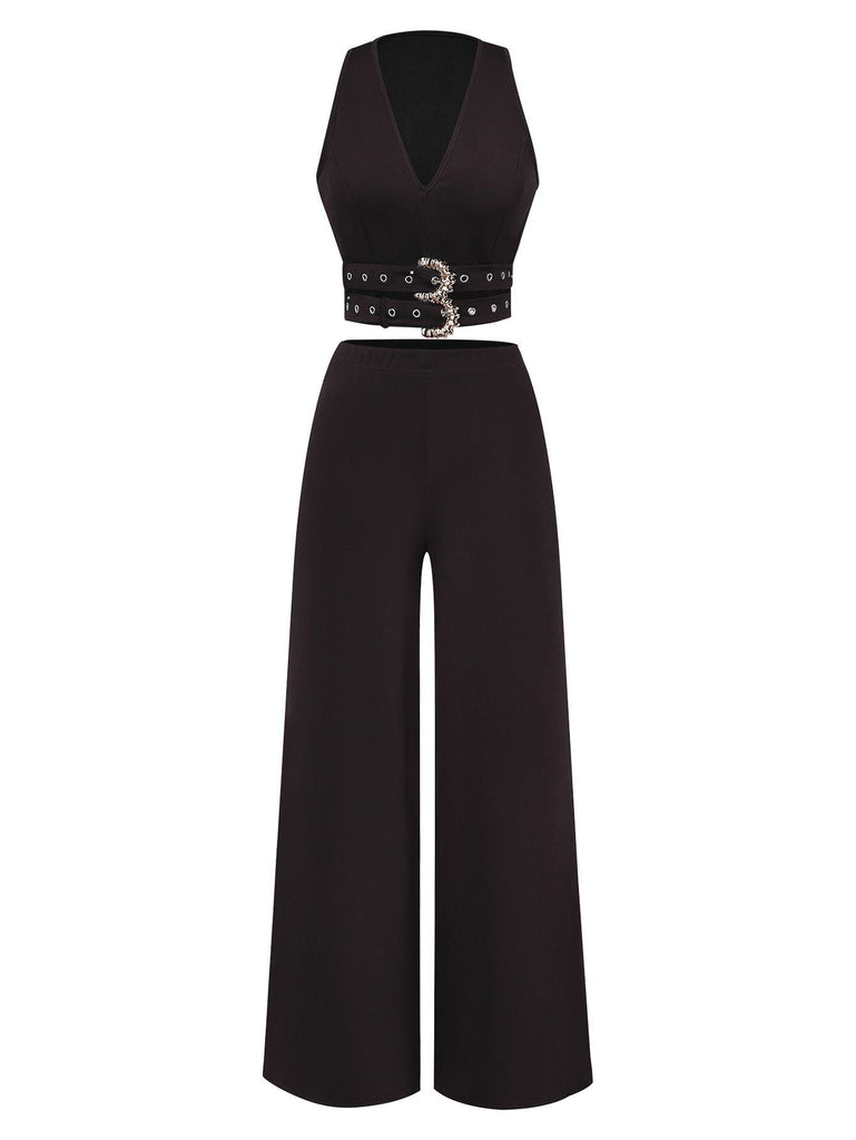 2PCS 1950er Solide Tiefer-V Gürtel Detail Weste & Hose