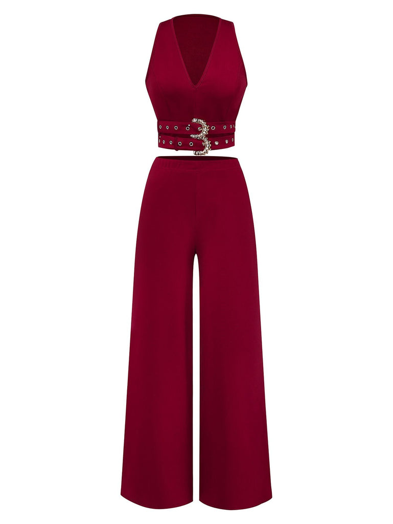 2PCS 1950er Solide Tiefer-V Gürtel Detail Weste & Hose