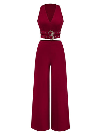 2PCS 1950er Solide Tiefer-V Gürtel Detail Weste & Hose