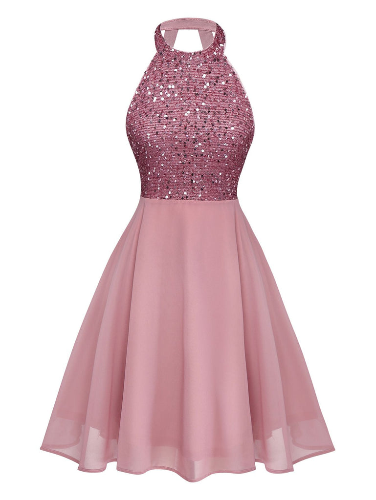 1950er Solide Perlen Pailletten Ärmellos Patchwork Kleid