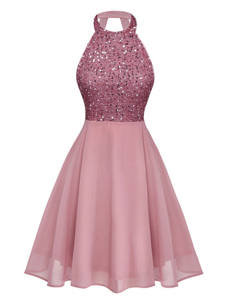 1950er Solide Perlen Pailletten Ärmellos Patchwork Kleid