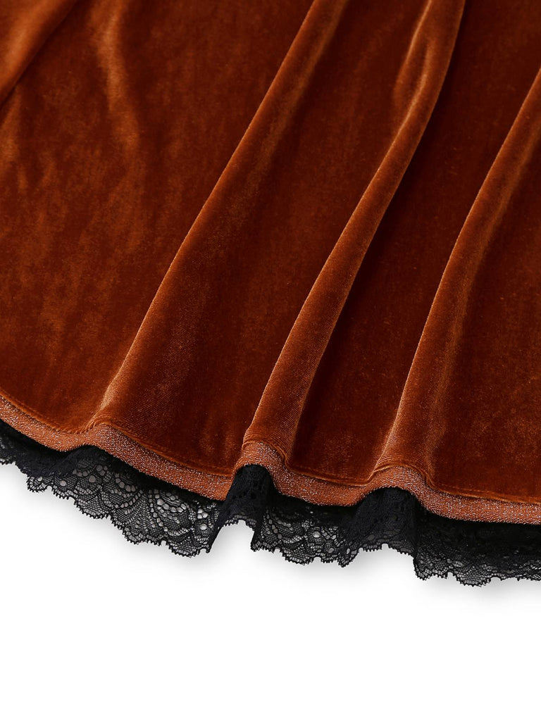 Braun 1940er Solide Revers Samt Schein Zweiteiler Kleid