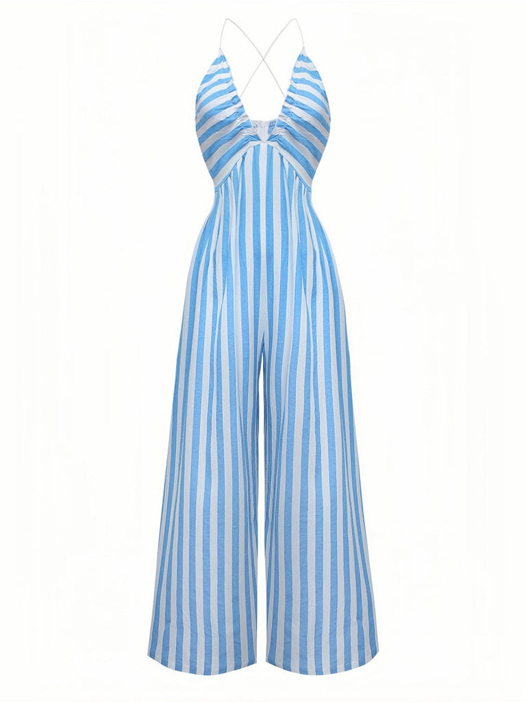 Blau 1980er Streifen Tief V Spaghetti Träger Jumpsuit