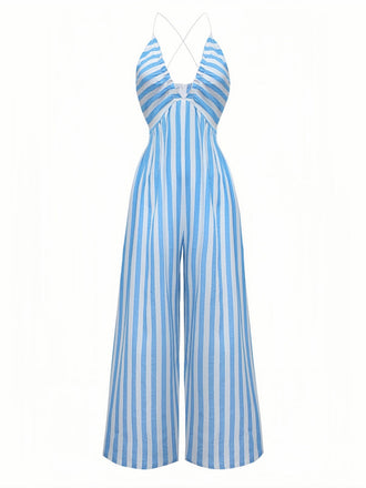 Blau 1980er Streifen Tief V Spaghetti Träger Jumpsuit
