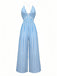 Blau 1980er Streifen Tief V Spaghetti Träger Jumpsuit