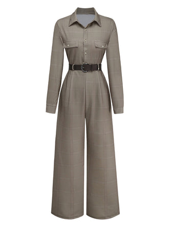 Grün 1930er Kariert Revers Gürtel Jumpsuit