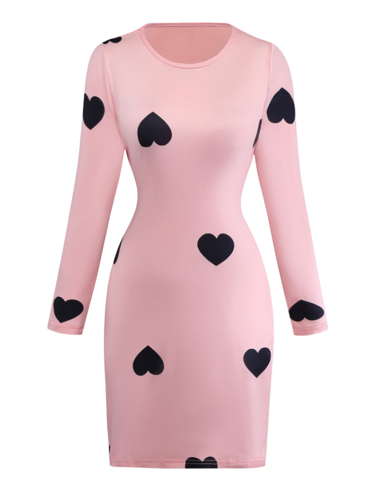 Rosa 1960er Herz Rundhals Enges Kleid