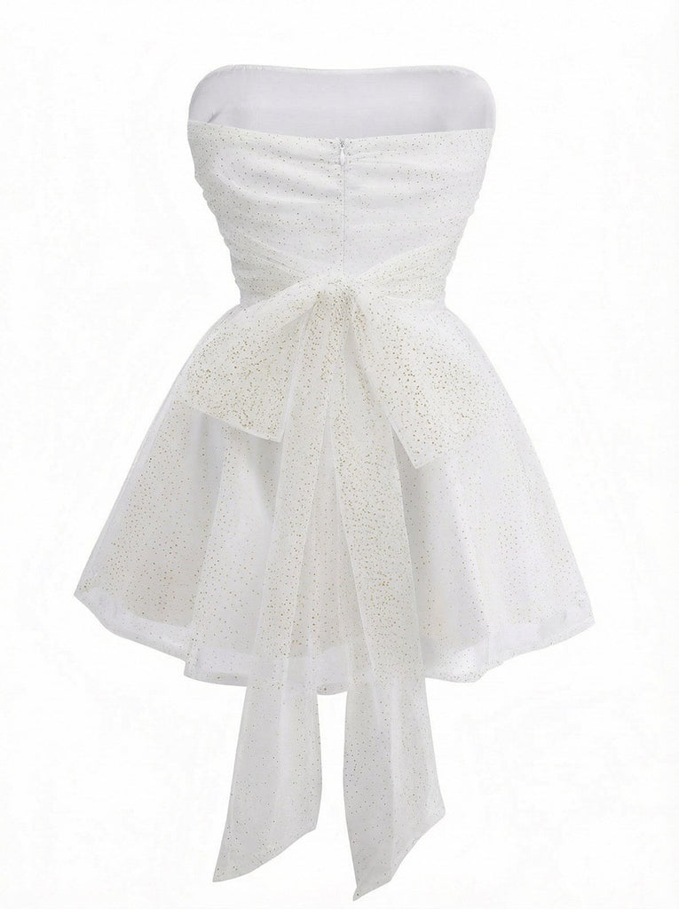 1960er Trägerlos Glitzer Rückenbindung Tüll Kleid