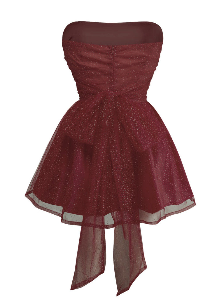 1960er Trägerlos Glitzer Rückenbindung Tüll Kleid