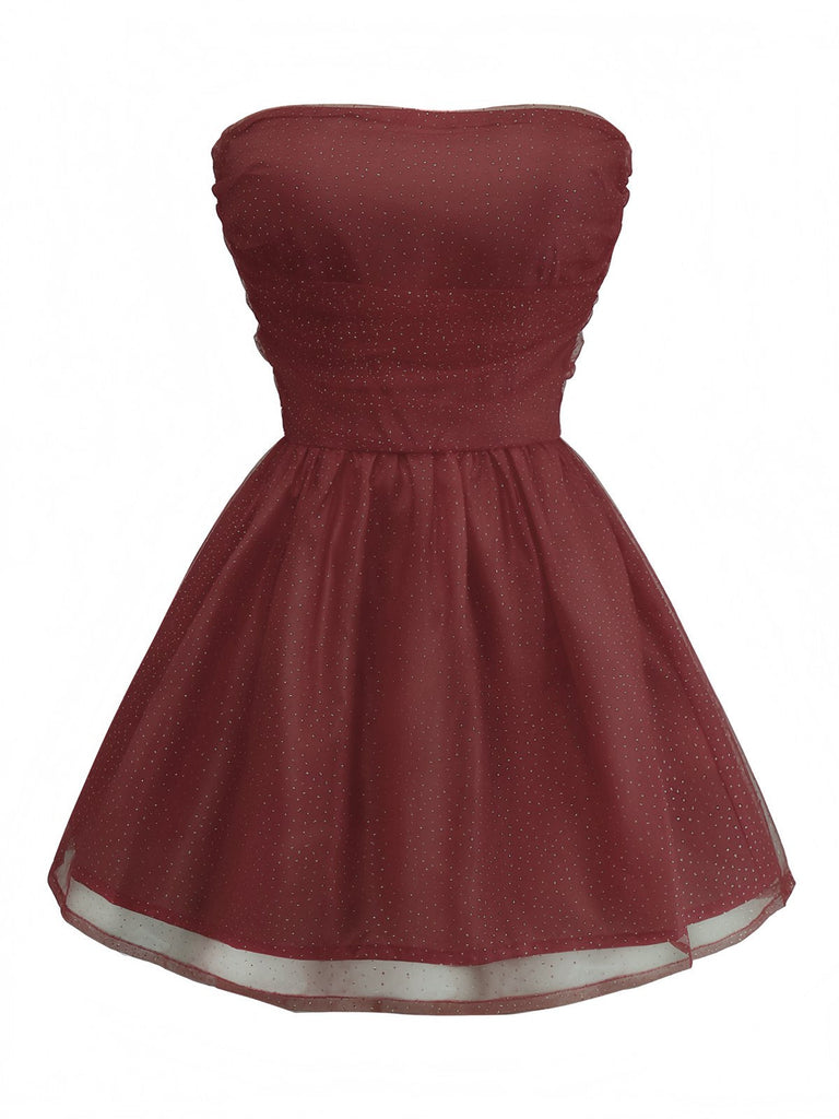 1960er Trägerlos Glitzer Rückenbindung Tüll Kleid