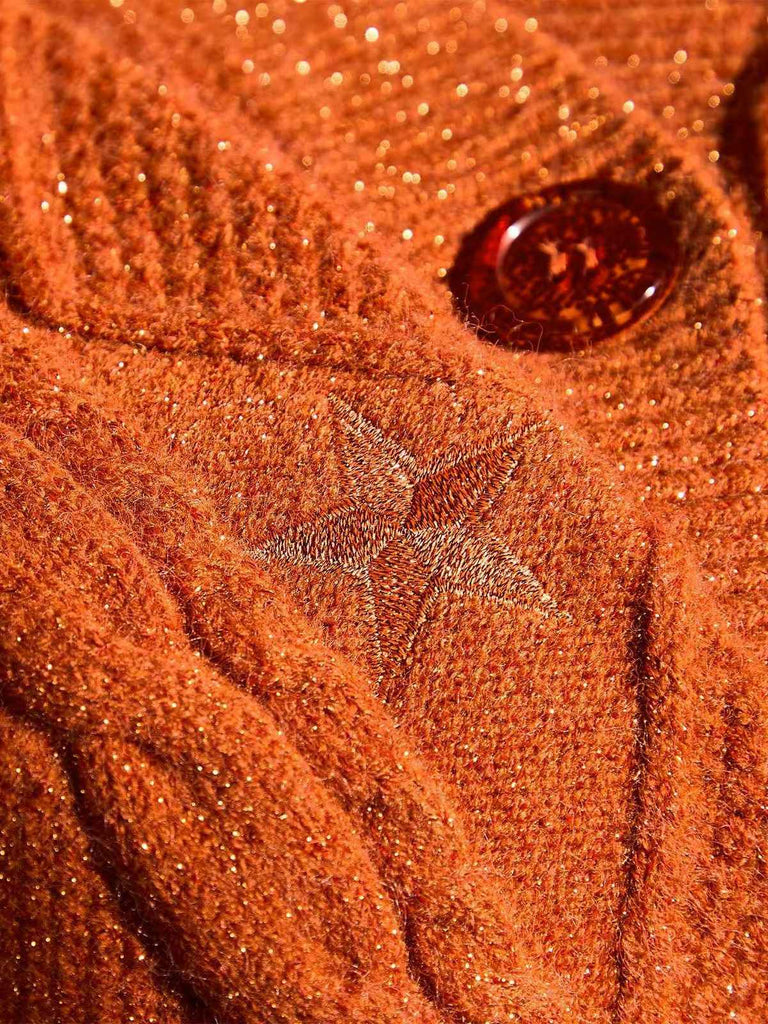 Orange 1940er V-Ausschnitt Stern Bestickt Cardigan