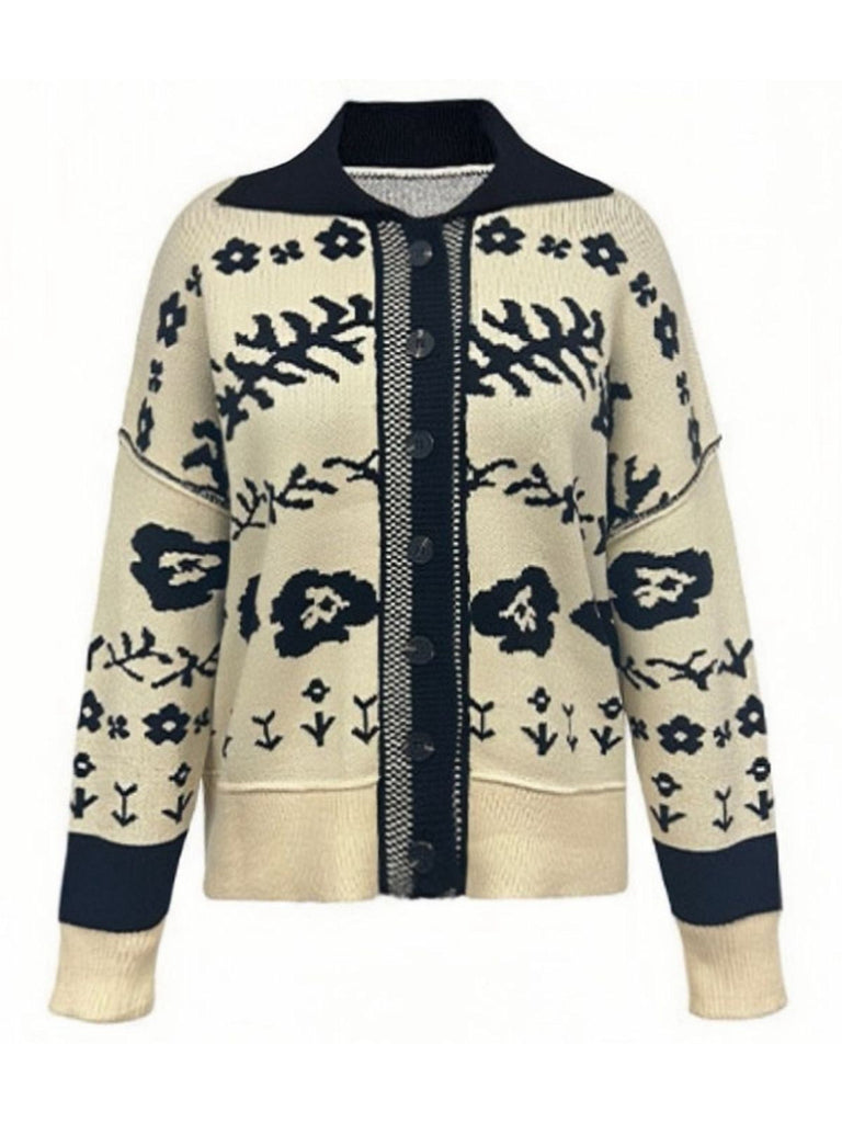 Beige 1940er Blumen Überschnittene Schulter Gestrickt Strickjacke