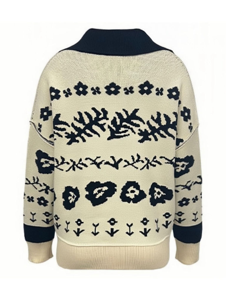 Beige 1940er Blumen Überschnittene Schulter Gestrickt Strickjacke