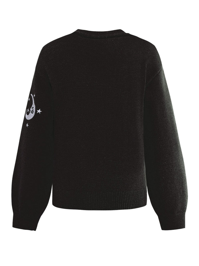 1980er Sonne Mond Bestickt Laternenärmel Stricken Cardigan