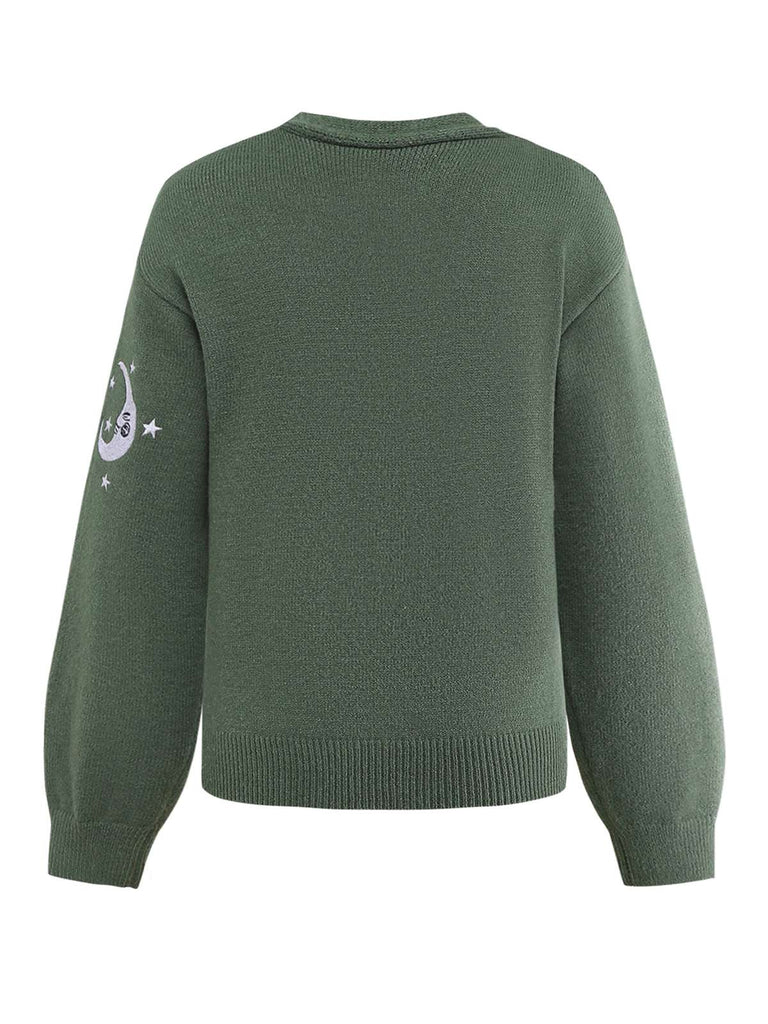 1980er Sonne Mond Bestickt Laternenärmel Stricken Cardigan