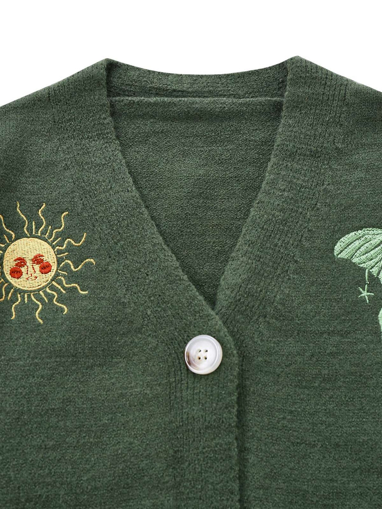 1980er Sonne Mond Bestickt Laternenärmel Stricken Cardigan