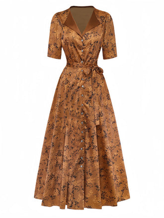 Braun 1930er Kleinblümchen Blumen Revers Maxi Kleid