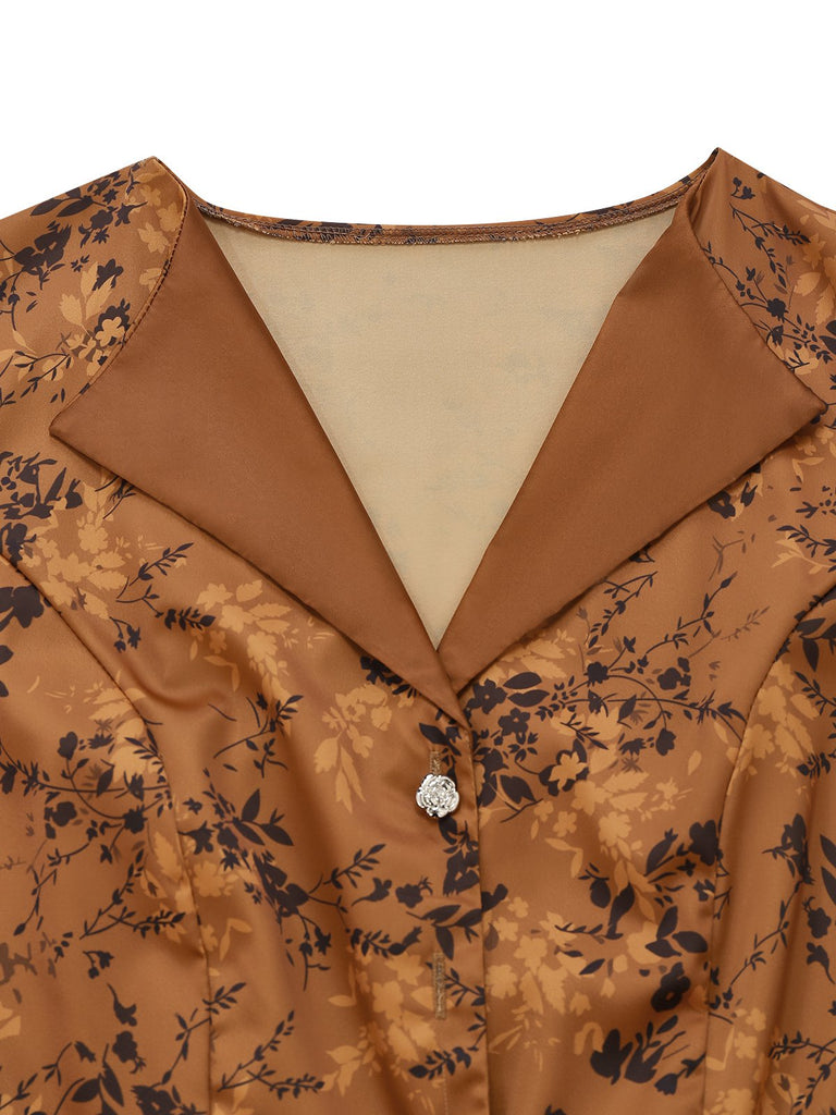 Braun 1930er Kleinblümchen Blumen Revers Maxi Kleid