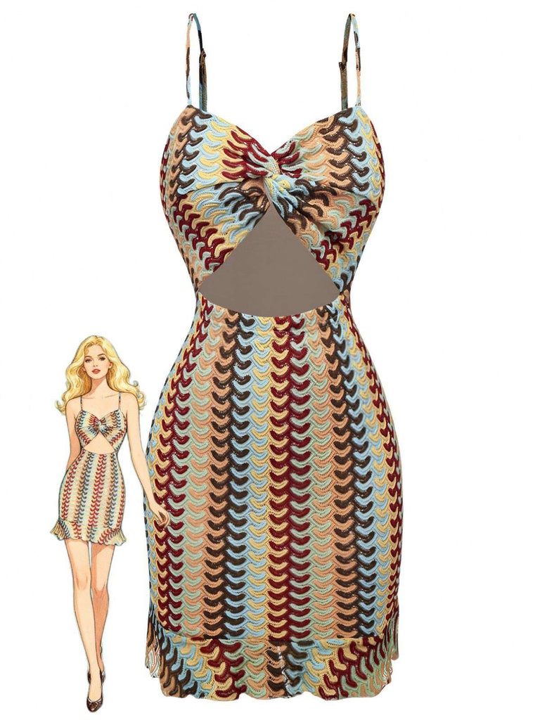 Multicolor 1960er Häkel Cutout Twist Rüschen Saum Kleid