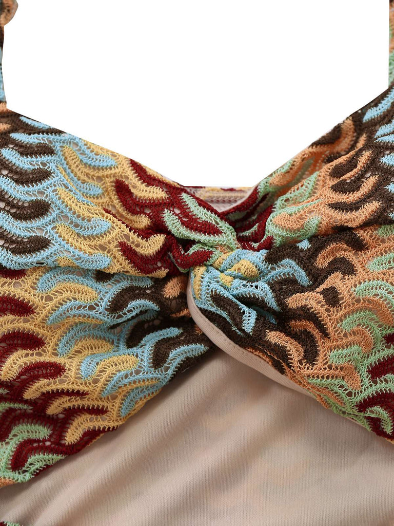 Multicolor 1960er Häkel Cutout Twist Rüschen Saum Kleid