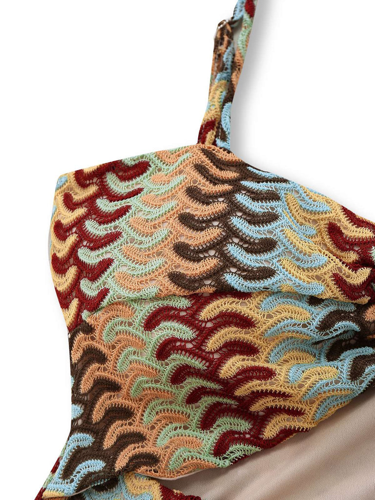 Multicolor 1960er Häkel Cutout Twist Rüschen Saum Kleid