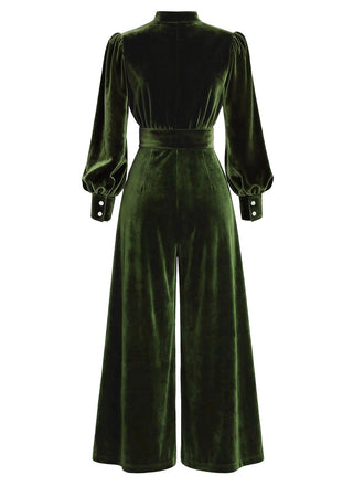 [Vorverkauf] Grün 1960er Schlüsselloch Hals Bischof Ärmel Samt Jumpsuit