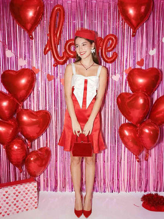 [Vorverkauf] Rot 1930er Groß Bogen Farbblock Satin Fischschwanzkleid