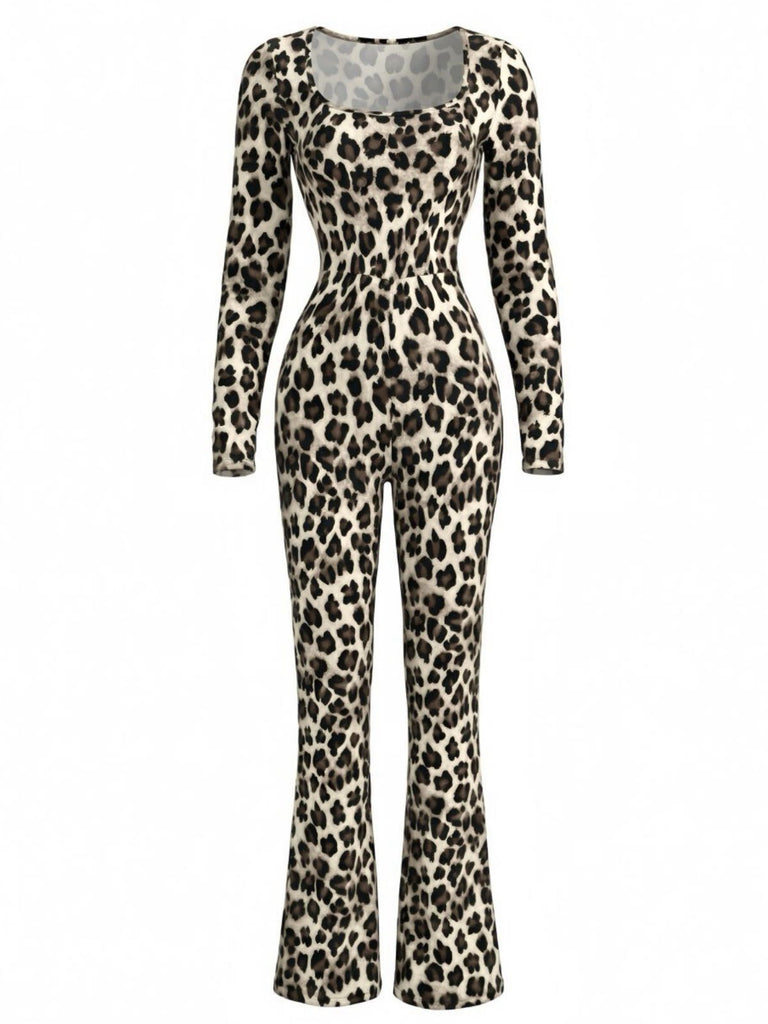Braun 1980er Quadratischer Hals Leopard Jumpsuit