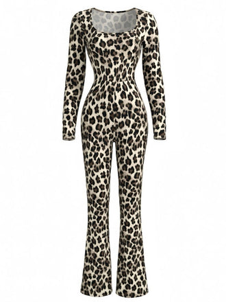 Braun 1980er Quadratischer Hals Leopard Jumpsuit