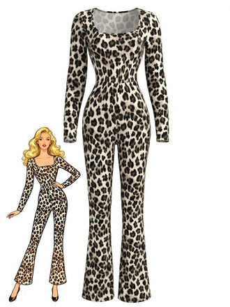 Braun 1980er Quadratischer Hals Leopard Jumpsuit