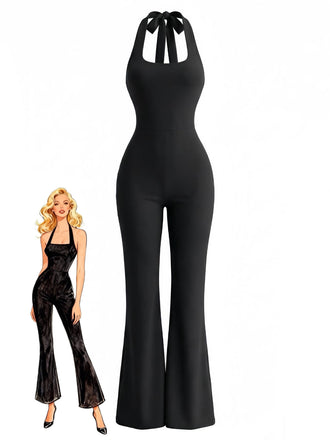 [Vorverkauf] Schwarz 1980er Solide Halter Rückenfrei Ausgestellt Jumpsuit