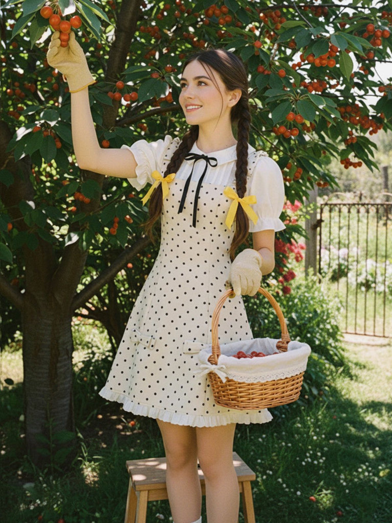 [Vorverkauf] Aprikose 1960er Tupfen Farbblock Bogen Kleid