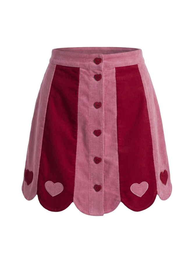 [Vorverkauf] Rosa 1960er Cord Herz Besticktes Wellenförmig Saum Rock