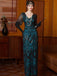 Blau Grün 1920er Pailletten Perlen V-Ausschnitt Maxi Kleid