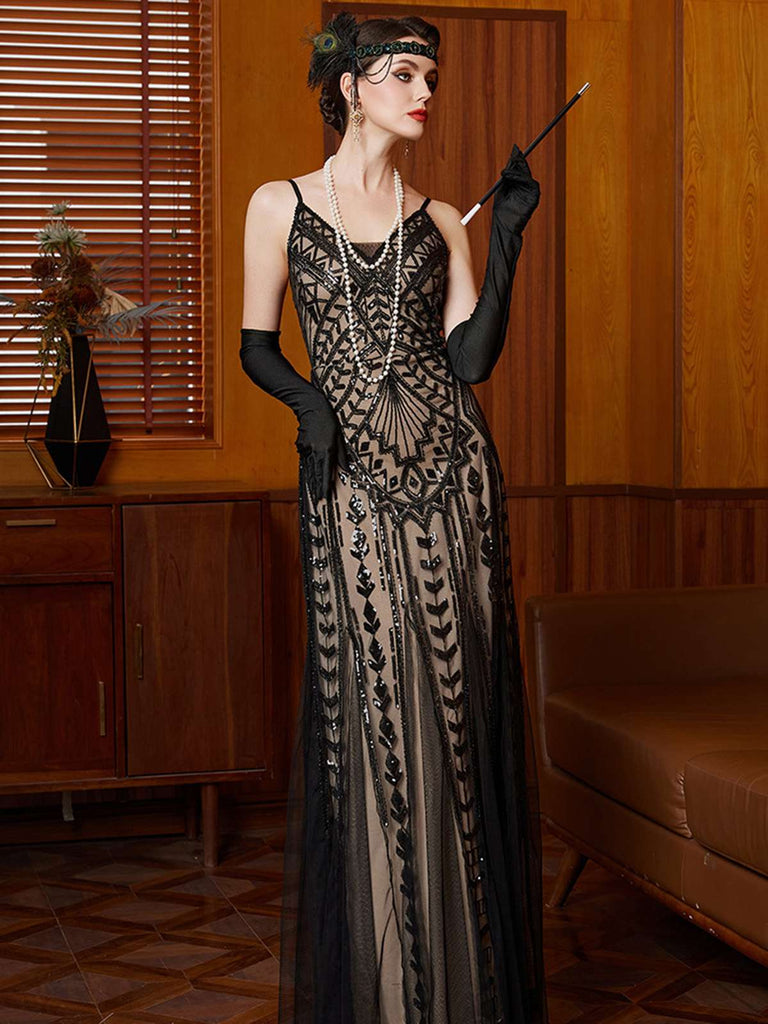 Schwarz 1920er Gatsby Pailletten Netz Maxi Abend Kleid