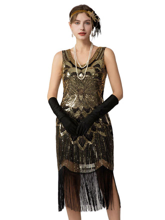 Schwarz & Gold 1920er Pailletten Fransen Ärmellos U-Ausschnitt Flapper Kleid