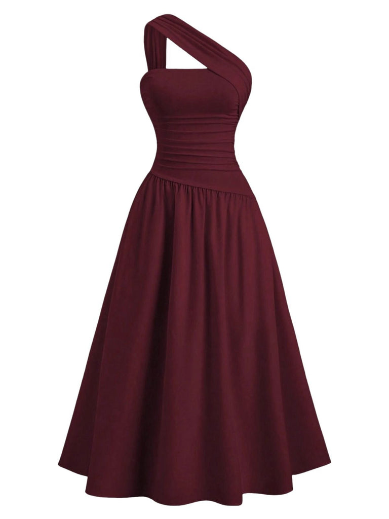 1930er Solide Wickel Eine Schulter Taille Gerafft Kleid