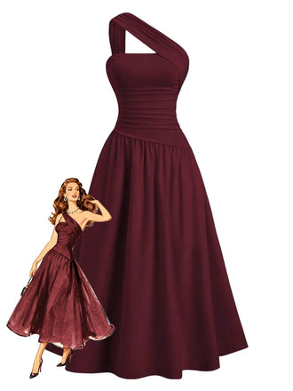 1930er Solide Wickel Eine Schulter Taille Gerafft Kleid