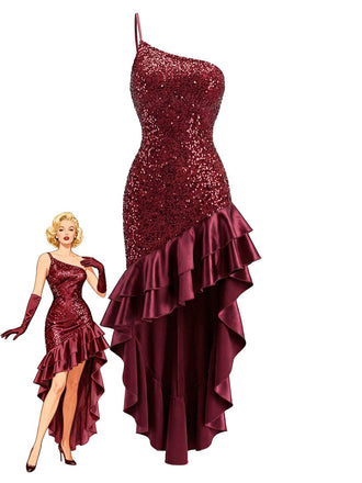 Rot 1930er Eine Schulter Pailletten Rüschen Asymmetrisch Kleid