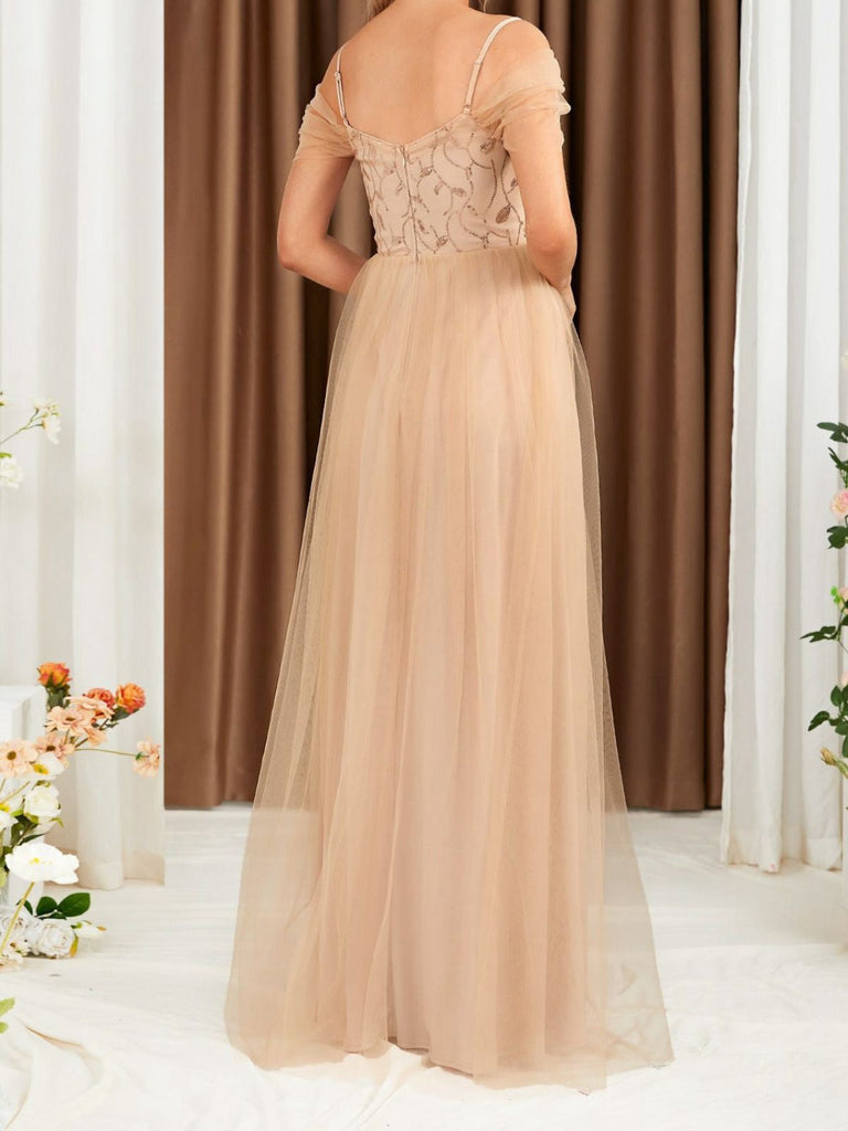 Beige 1930er Pailletten Netz Patchwork Kalte Schulter Kleid