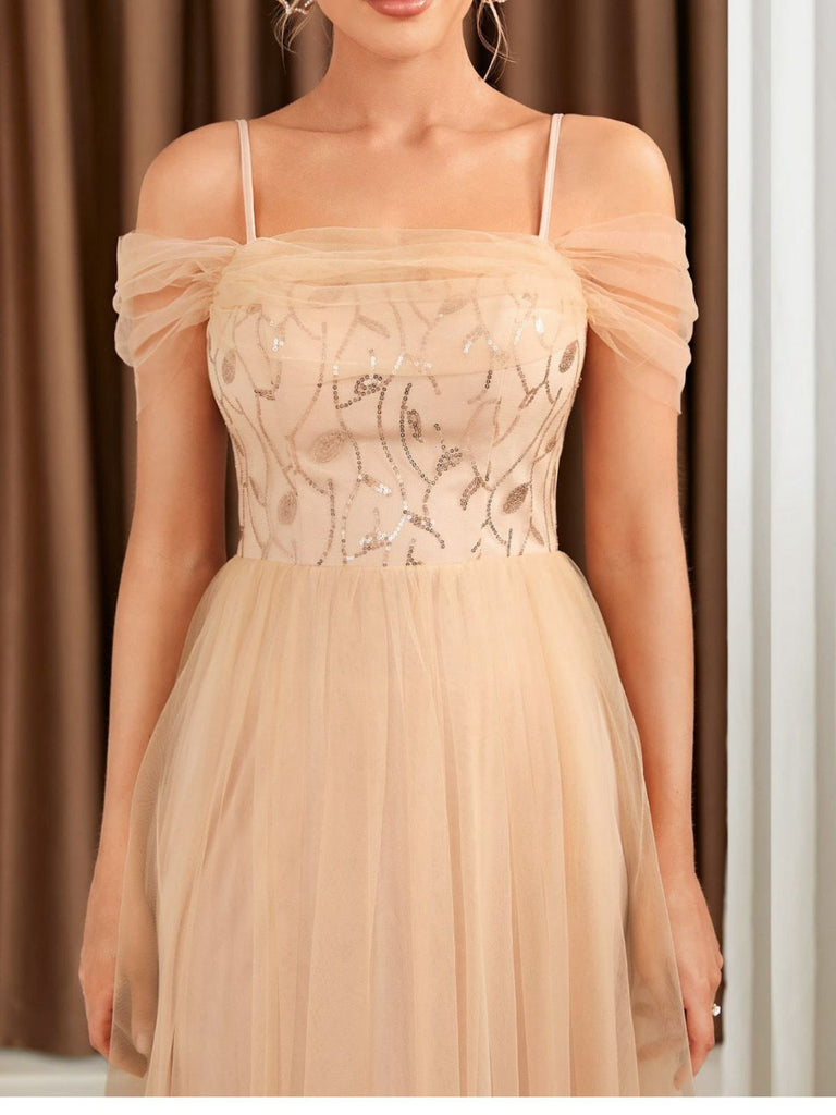 Beige 1930er Pailletten Netz Patchwork Kalte Schulter Kleid