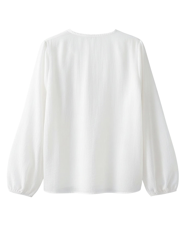 [Vorverkauf] Weiß 1940er Chiffon Rüsche Laternenärmel Schnür Bluse