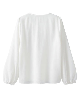 [Vorverkauf] Weiß 1940er Chiffon Rüsche Laternenärmel Schnür Bluse