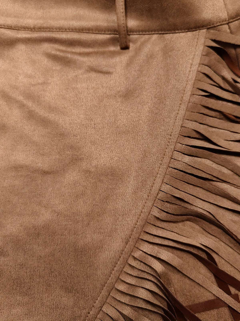 Braun 1960er Kunst-Wildleder Fransen Asymmetrisch Saum Rock