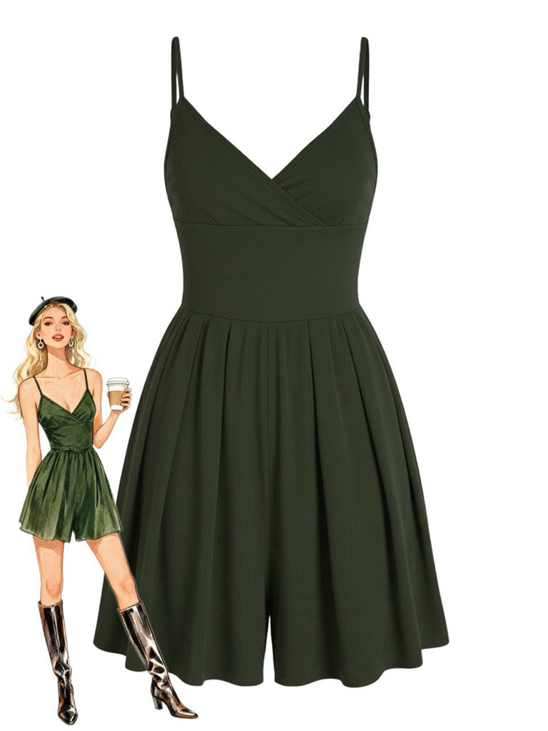 1980er Solide Spaghetti Träger V-Ausschnitt Romper