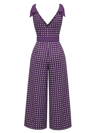 [Vorverkauf] Lila 1970er Tupfen Schulter-Schleife Jumpsuit